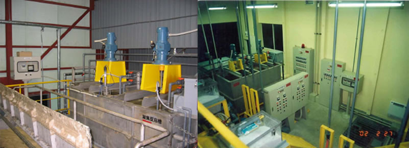 農産加工排水の中和処理（左）イカ加工排水の中和処理（右）